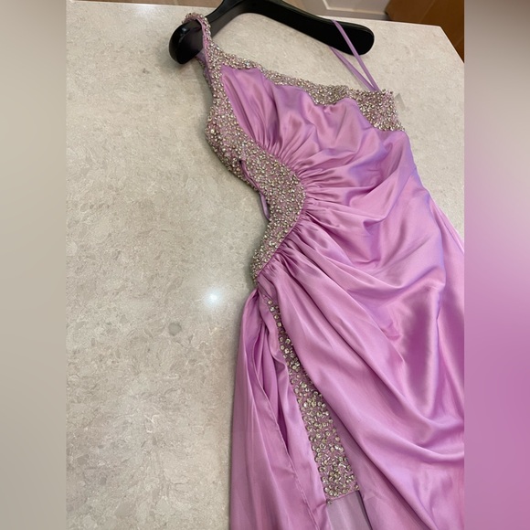 Mac Duggal 68447 Ruched One Shoulder Side Cutout Embellished Satin Gown Lilac 2 - Picture 6 of 14